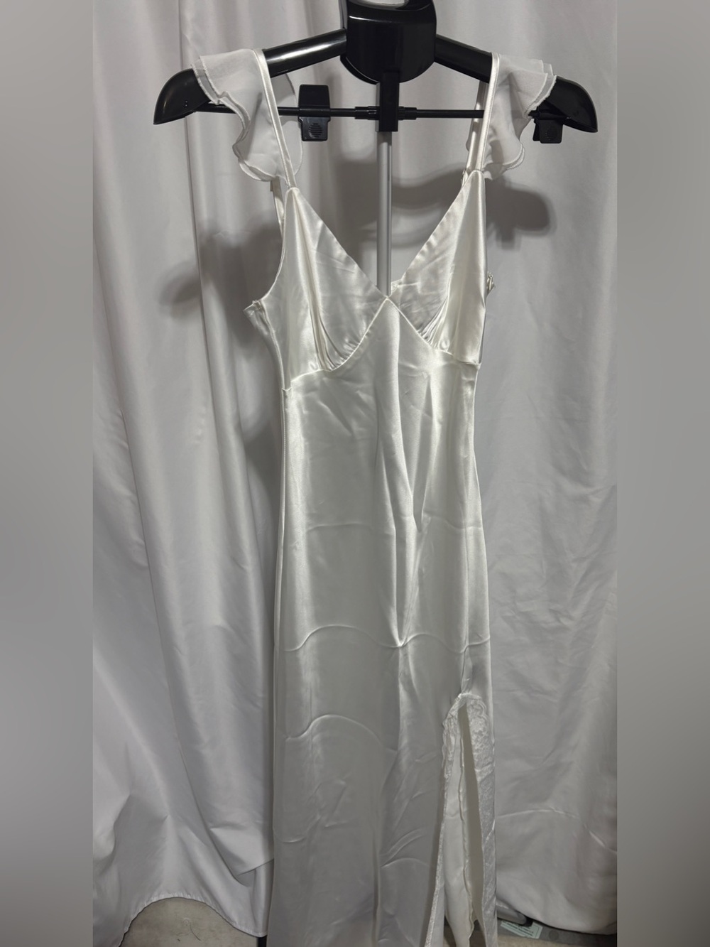 White Satin Midi Dress Lace Trim High Slit Ruffle Strap Formal Bridal